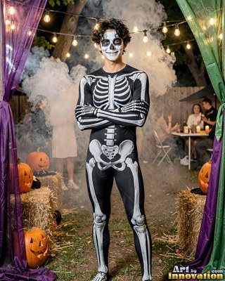 Skeleton face paint marks a man in a black bone bodysuit standing in a smoky backyard garden