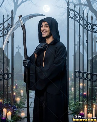 A cheerful man in a black reaper robe holds a scythe under pale moonlight
