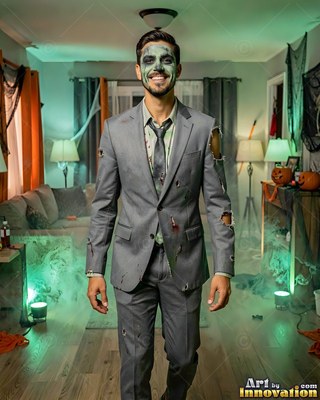 Standing facing forward in a smoky room, a man in zombie makeup wears a gray suit