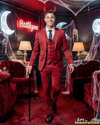 A man with a smile wearing a red suit and devil horns holds a black cane