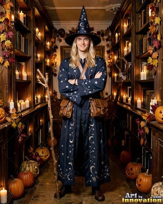 In a candlelit library, a blond man poses in a dark blue wizard robe and hat