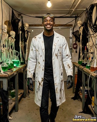 Smiling man in a stained white lab coat in a lab with skeletons