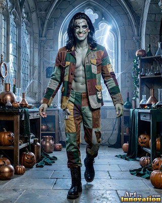 Patchwork jacket open on a bare chest, a Frankenstein man walks in a stone lab