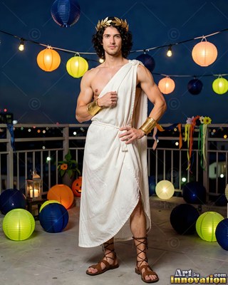 A man poses in a white toga on a patio strung with round colorful paper lanterns