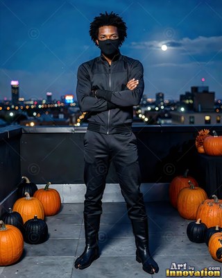 Standing arms crossed on a rooftop, a masked man in black poses by pumpkins