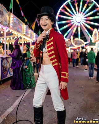 A grinning man is wearing an open red ringmaster coat at a brightly lit night carnival