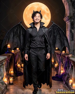 On a candlelit balcony, a grinning man walks forward in black devil wings and horns