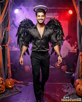 Walking forward with a smile, a man wears black wings, a silver halo, and black satin pants