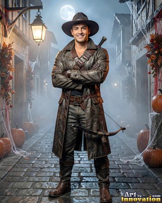 Dressed in a brown leather coat, a man holds a crossbow on a foggy cobbled street
