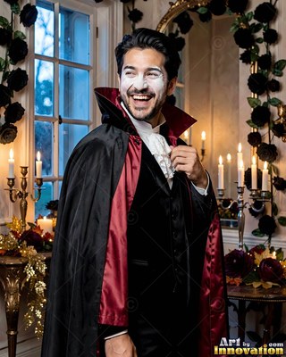 A happy man adjusts his black vampire cape lined with dark red satin
