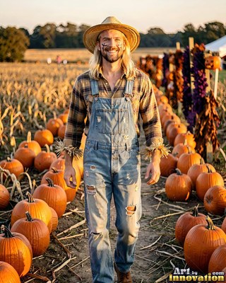 Walking forward in a pumpkin patch, a grinning man wears overalls and a straw hat