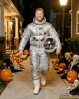 A smiling man in a silver astronaut suit walks along a walkway lined with pumpkins