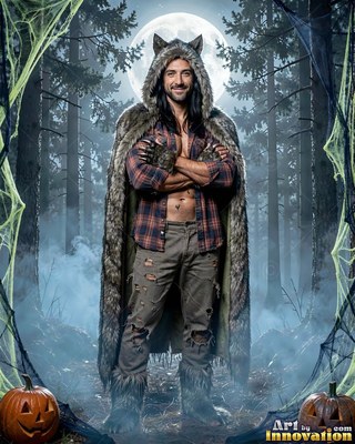 Posing in a misty forest, a smiling man wears a wolf cape with an open flannel shirt