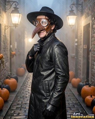 Man in a plague doctor mask and black leather coat on a misty street