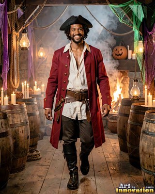 A man in a red pirate coat walks down a wooden hall lined with candlelit barrels