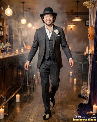 A grinning man in a pinstripe suit walks forward through a smoky bar under warm yellow lights