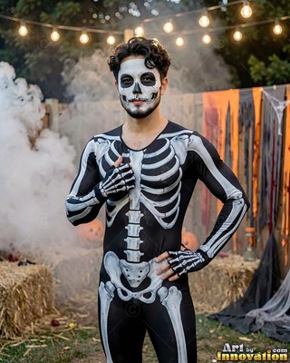 Standing outdoors, a man in a black skeleton bodysuit and skull face paint smiles
