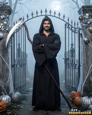 A grinning man in a hooded black reaper robe holds a scythe by an iron graveyard gate