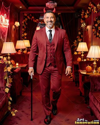 Walking with a cane, a happy man in a red suit wears devil horns inside a club lounge