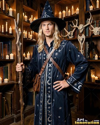 A wizard hat tops a blond man in a navy robe standing by candlelit bookshelves