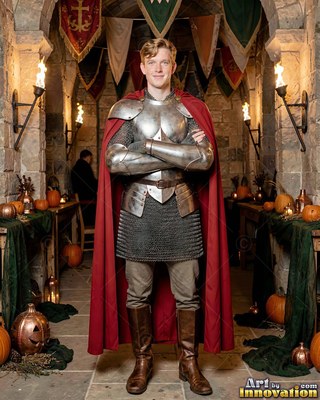 A grinning man stands in steel plate armor and a red cape under soft torchlight