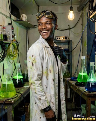 Standing in profile, a grinning man in a dirty lab coat holds his lapel in a lab
