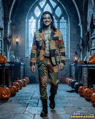 A man with a smile walks in a patchy suit with his bare chest showing in a spooky lab