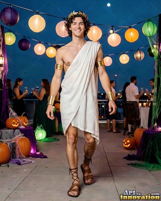 On a rooftop party deck, a man with a smile walks forward in a white toga costume