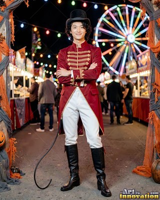 Man dressed as a ringmaster in a red coat at a carnival fair