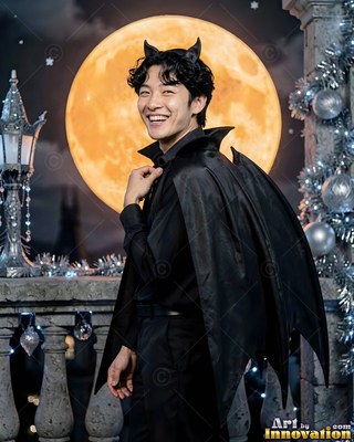 Black devil horns top a smiling man in a bat cape on a stone balcony under a full moon