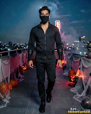A masked man in black walks along a rooftop lined with carved orange pumpkins