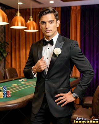 A man in a black tuxedo stands by a green casino table with poker chips