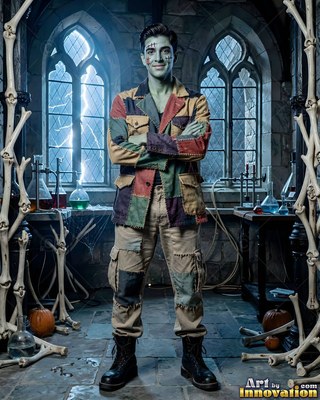 In a stone laboratory, a smiling man poses in Frankenstein makeup and a patchwork coat