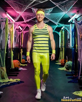 Man in a yellow workout outfit in a gym with cobwebs