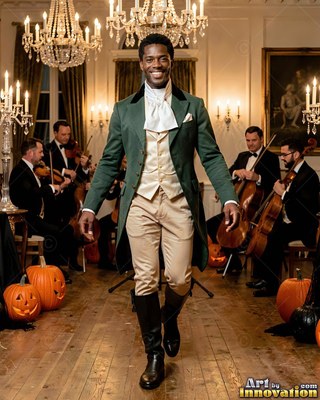 Green tailcoat and cravat worn by a happy man walking down an aisle lined with carved pumpkins