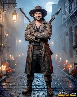 Standing with arms crossed, a happy man in a brown hunter coat on a misty street