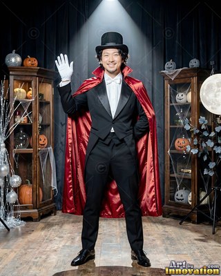 On a spooky set, a cheerful man in a top hat and red cape waves his hand