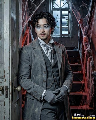 Standing near cobwebbed stairs, a man sports a dusty gray suit and cravat