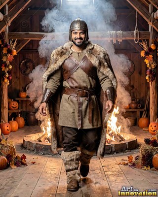 Man in a viking warrior costume walking near a fire
