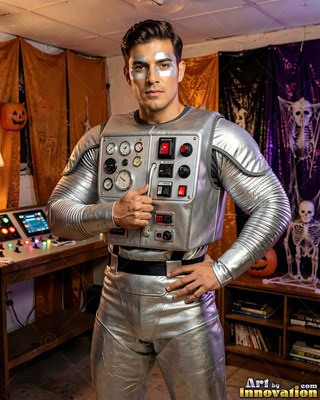 Silver face paint marks a man in a retro robot costume in a decorated Halloween room