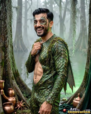 Grinning man stands in a murky swamp wearing a green scale costume open to his bare chest