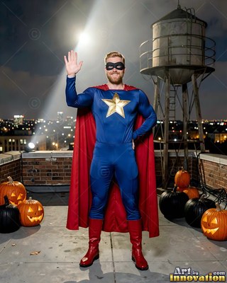 On a rooftop at night, a smiling man waves in a blue and red superhero costume