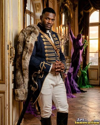 Standing in a grand hall, a man wears a dark blue military coat with fur over his shoulder