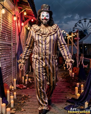 Man in striped clown suit walks on a candlelit carnival boardwalk