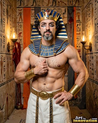 In a blue and gold pharaoh headdress, a bare-chested man stands in a tomb hall with hieroglyph walls