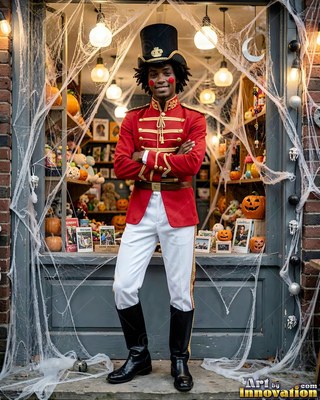 A happy man stands in a red nutcracker uniform under warm round bulbs