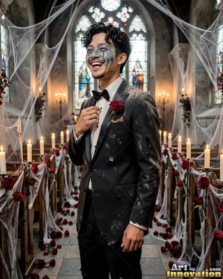 Smiling man stands in a dusty suit in a cobwebbed church aisle