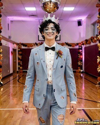 A man with a smile in a torn light blue prom suit and a paper crown in a gym