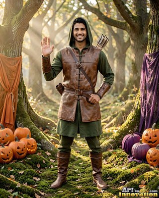 In a sunny forest with pumpkins, a smiling man in a green archer costume waves