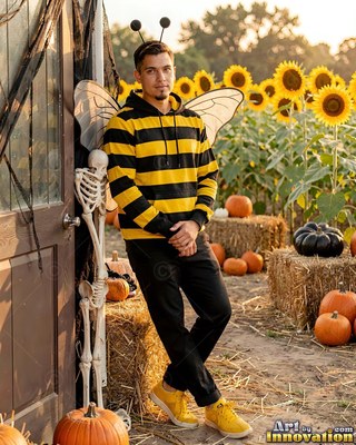 Standing by a pumpkin patch, a man in a yellow bee hoodie smiles in warm sunlight